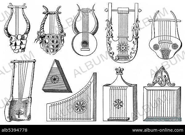 Historical drawing, various forms of the lyre, ancient string instruments from ancient Greece, the Roman Empire and Africa.