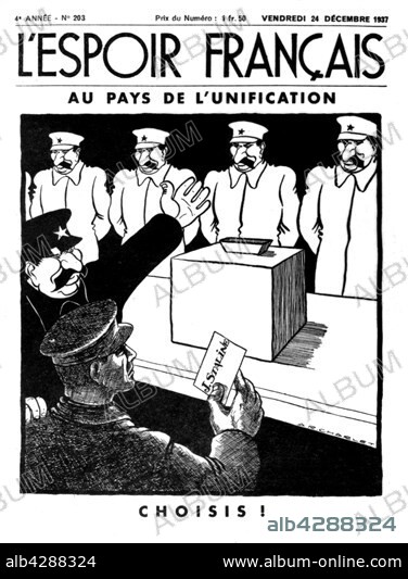 Anti-Bolshevik satirical cartoon against Stalin in the newspaper "L'Espoir français". 1937. France.