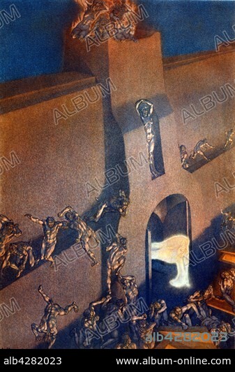 Amos Nattini (1892-1985), "The Divine Comedy" by Dante Alighieri (1265-1321). Inferno, Canto IX, Circle 5: Wrath. An angel sent from Heaven secures entry for Dante and Virgil, opening the gate of the burning City of Dis. The devil and demons flee from him.. Private collection.. In 1921, for Dante Aligheri's 600th anniversary of death, the Istituto Nazionale Dantesco chose Amos Nattini to illustrate The Divine Comedy. The illustrations have been published in 1923.