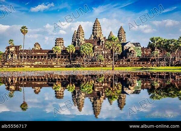 Angkor Wat temple, Cambodia iconic landmark with reflection in water.