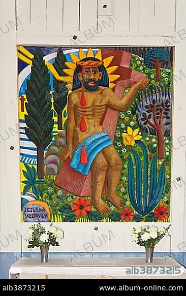 BROR HJORTH. Sami art, Jesus Christ, colourful wood carving, Sami-Christian altarpiece designed by artist Bror Hjort in the wooden church of Jukkasjärvi, Lapland, Norrbotten County, Sweden, Scandinavia, Europe.