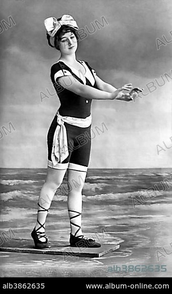 Fashion, swimwear, woman in beachwear, scenery photo, 1910s, Germany, Europe.