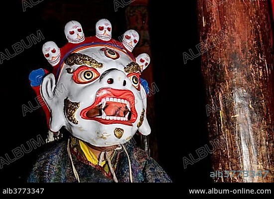 Wooden mask used by monks for ritual dances during Hemis Festival, Hemis, Ladakh, Jammu and Kashmir, India, Asia.