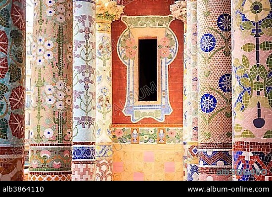 Window with columns on balcony of Palau de la Musica, Barcelona, Spain, Europe.