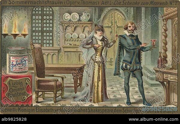 Queen Elizabeth; in disguise; exhorts Shakespeare to renounce the indulgent life; digitally restored reproduction of a public domain collector's picture from ca 1900; Liebig picture series A Midsummer Night's Dream; Opera; (1893).