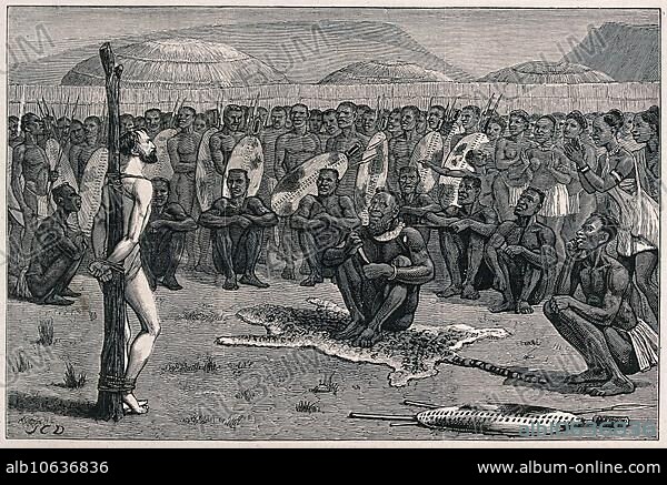 Ernest Grandier, a Zulu prisoner, stands naked and tied to a stake in front of the tribe awaiting the verdict of the chief to whom he has been brought, 18th century, Historic, digitally restored reproduction from a 19th century original.