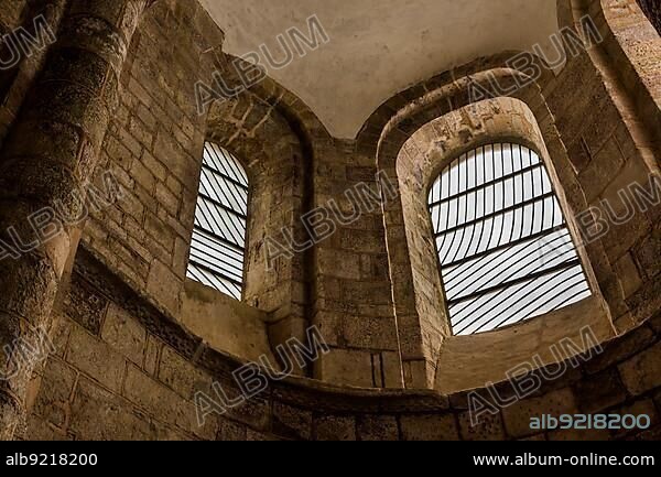 Stained glass window by Pierre Soulages, Sainte Foy abbey church in the ancient village of Conques on Saint James Way, Aveyron department, Occitanie, France, Europe.