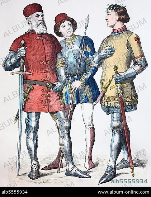 Folk traditional costume, clothing, history of costumes, Venetian admiral Victor Pisani, noble squire and Neapolitan knight, Italy, 1350-1395, digitally restored reproduction of a 19th century original, exact date unknown, Europe.