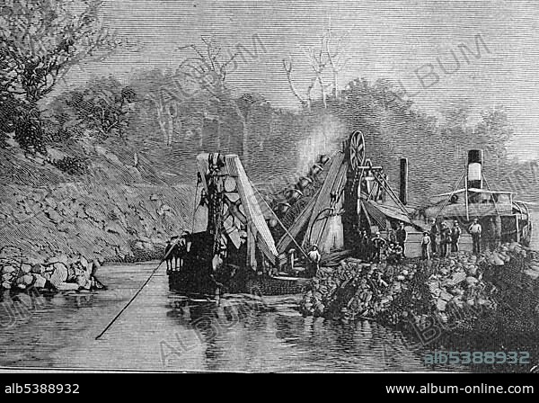Construction of the Panama Canal, steam excavators at Mindi, Central America, woodcut circa 1871.