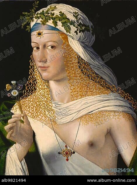 Lucretia; Traditionally considered to be the portrait of Lucretia Borgia; daughter of Pope Alexander VI. It shows an unknown lady in the guise of the ancient spring goddess Flora; painting by Bartolomeo Veneto; also Bartolomeo da Venezia; Historical; digitally restored reproduction of a historical original.