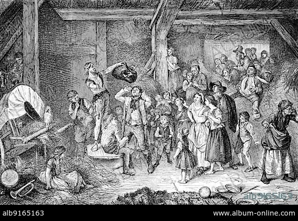 A magician, also called a magician or illusionist, is an artist of the performing art of magic, sleight of hand, performing in a barn, circa 1885, Historic, digitally restored reproduction of an original 19th century print, exact original date unknown.
