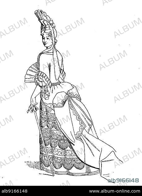 Elegant lady around 1690, with robe, fontange and mouches, history of fashion, costume history, historical, digitally restored reproduction of a 19th century original, exact date unknown.