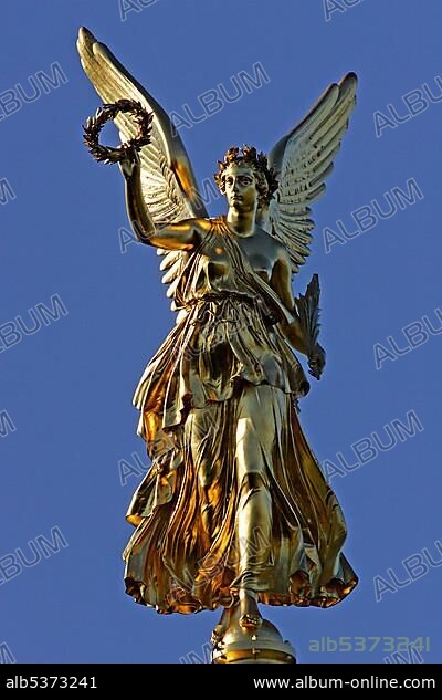 Victory goddess Victoria on top of the Memorial of the Battle of Fehrbellin in Hakenberg, Brandenburg, Germany, Europe.