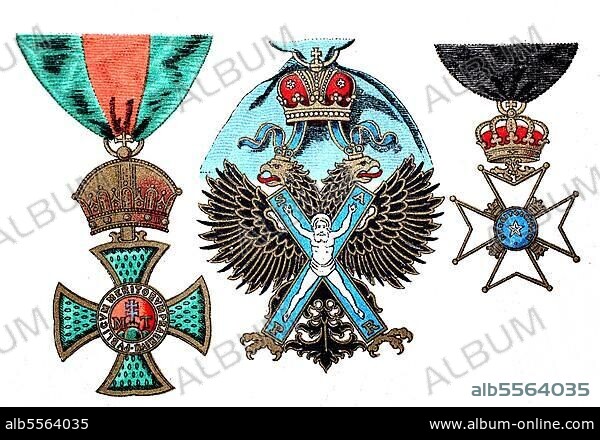 Ornamente, Nordstern Schweden, digital restaurierte Reproduktion einer Originalvorlage dem 19. Jahrhundert, Ehrenzeichen, Medaillen und Auszeichnungen 1890: Stephansorden aus Ungarn, Andreasorden aus Russland.