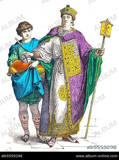 Münchener Bilderbogen, Kostüme, Byzantiner, Edelknabe (li), Kaiser, Byzanz, Insignien, Krone, Reichsapfel, Gewand, junger Mann, zwei Personen, Porträt, farbige historische Illustration 1890.