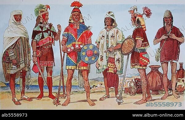 Kleidung, Mode in Südamerika, die Inka in Peru im 15. -16. Jahrhundert, von links, ein vornehmer Mann mit Schal, ein vornehmer Krieger, ein vornehmer Krieger im Federkleid, ein vornehmer Mann im weißen Wollgewand, ein Krieger mit Helm und ein Mann aus der unteren Schicht der Hatunruna, digital restaurierte Reproduktion einer Originalvorlage aus dem 19. Jahrhundert.