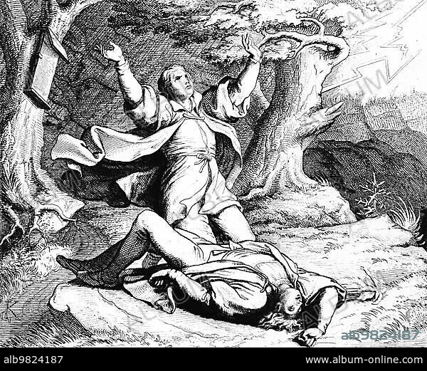 Martin Luther's friend Alexius is struck by lightning on a journey together; Germany; outdoors; storm; thunderstorm; despair; death; lying; ground; 16th century; historical illustration around 1860; Europe.