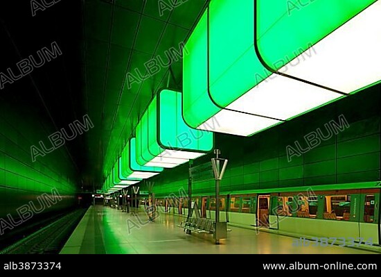 Light installation in the U-Bahn HafenCity Universität subway station, U4 subway line, HafenCity, Hamburg, Germany, Europe.