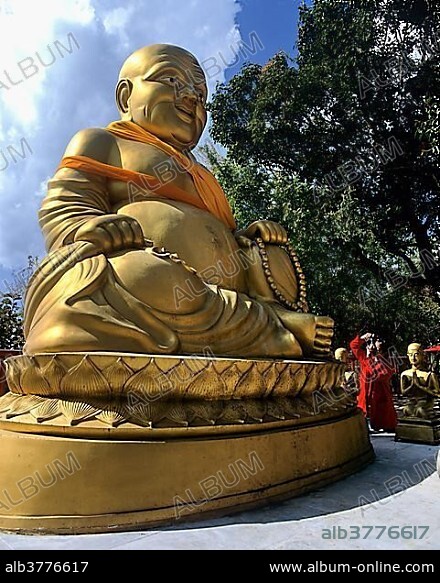 Golden Buddha statue, Happy Buddha, mountain temple of Wat Phra That Doi Tung, Chiang Rai, Chiang Rai Province, Northern Thailand, Thailand, Asia.