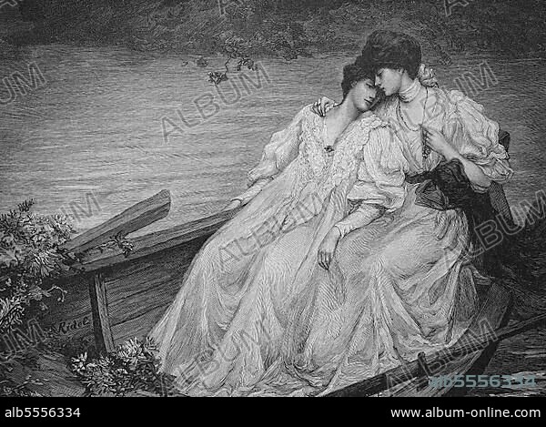 Freundinnen, zwei junge Frauen in Umarmung auf einem Ruderboot am See, nach einem Gemälde von L. Ridel, Historisch, digitale Reproduktion einer Originalvorlage aus dem 19. Jahrhundert, Originaldatum nicht bekannt.