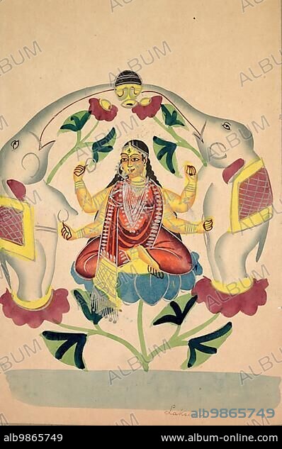 Gajalakshmi, Lakshmi, the Hindu goddess of happiness, love, fertility, prosperity, health and beauty, with elephants, c. 1890, East India, Bengal, Kolkata, Temple Kalighat, Historic, digitally restored reproduction from a 19th century original.