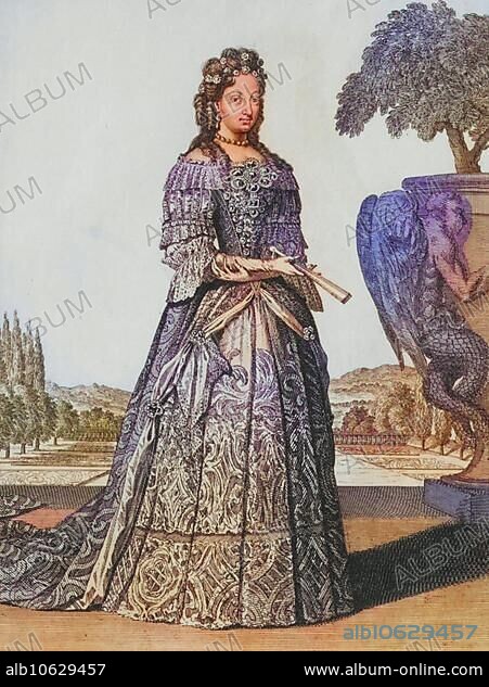 Traditional traditional costume, clothing, Imperatrix Eleonore Magdalene Therese von Pfalz-Neuburg (6 January 1655 to 19 January 1720) was a Catholic Countess Palatine of Neuburg, Roman-German Empress by marriage in 1676 and crowned at the Diet of Augsburg in 1690, copperplate engraving by Caspar Luyken from 1703, digitally restored reproduction from an 18th century original.