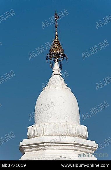 Detail, whitewashed stupa at Kuthodaw Pagoda, Mandalay, Myanmar, Asia.