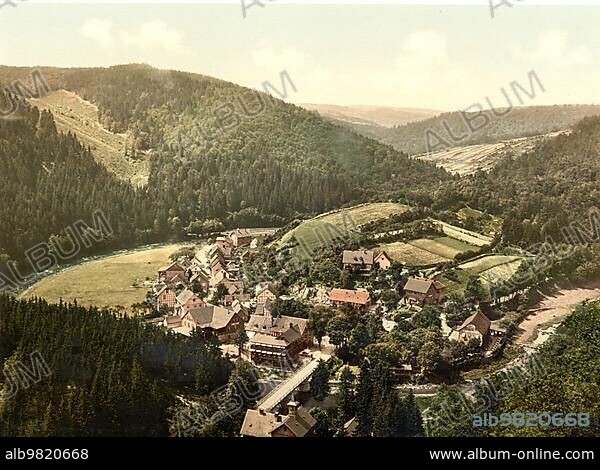 The town of Treseburg; Thale; in the Harz Mountains; Saxony-Anhalt; Historic; digitally enhanced reproduction of a photochrome print from 1898.