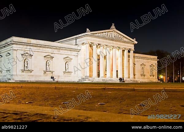 MUNICH; GERMANY - OCTOBER 26: Illuminated Glyptothek at Königsplatz in Munich; Germany on October 26; 2015. During the third reich the square was used for Nazi parties. Photo taken from Königsplatz with view to the Glyptothek.