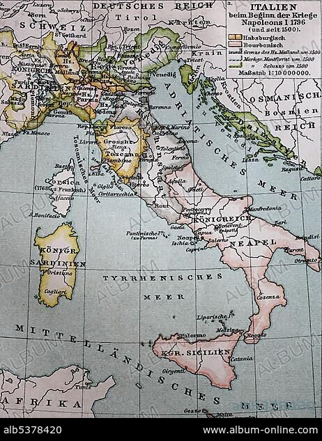 Map of Italy from 1500 to the beginning of the wars Napoleon I., 1796, historical illustration, Italy, Europe.