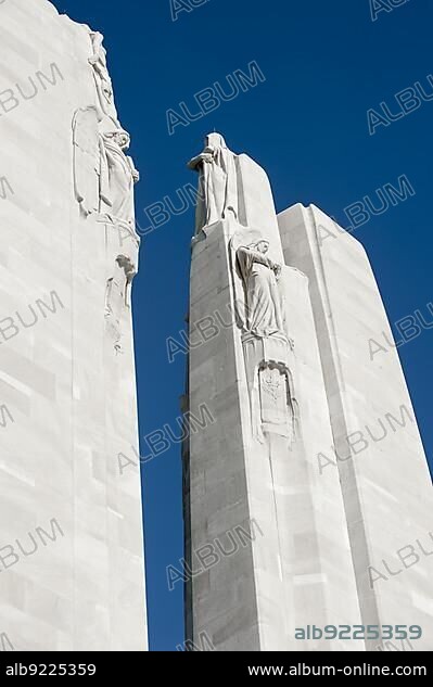 Sculptures at the Canadian National Vimy Memorial, First World War One monument remembering the Battle of Vimy Ridge in Givenchy-en-Gohelle, France, Europe.