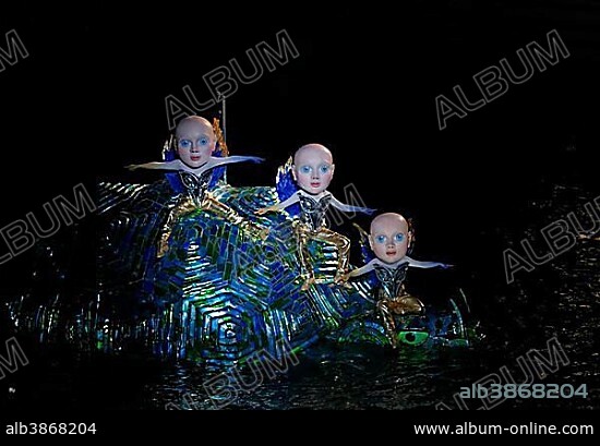 Three boys on Turtle, The Magic Flute by Wolfgang Amadeus Mozart, opera performance on the floating stage on Lake Constance, Bregenz Festival 2013, Bregenz, Vorarlberg, Austria, Europe.