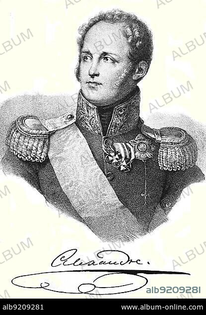 Alexander I. Pavlovich Romanov, 23 December 1777 - 1 December 1825 was Emperor of Russia, King of Poland, first Russian Grand Duke of Finland from the House of Romanov-Holstein-Gottorp, Historical, digitally restored reproduction of an original 19th century master, exact original date not known.