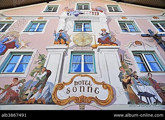 Lüftlmalerei, traditional mural on Hotel Sonne, Bad Hindelang, Upper Allgäu, Bavaria, Germany, Europe.