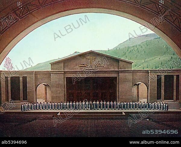 Stage of the Passion Play House with the cast, colour post card from a Uvatypie template, Oberammergau Passion Play 1930, Upper Bavaria, Bavaria, Germany, Europe.