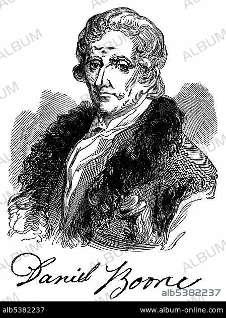 Historical drawing from the U.S. history of the 18th century, portrait of Daniel Boone, 1734 - 1820, an American pioneer and hunter.