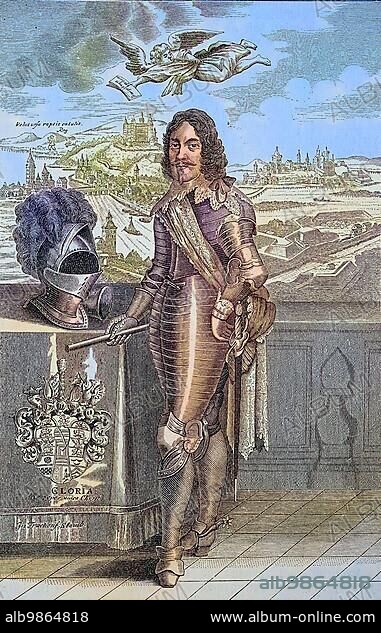 Duke Bernhard of Saxe-Weimar, 16 August 1604, 18 July 1639, was a general of the Thirty Years' War. In the background on the left Würzburg with the fortress Marienberg, on the right Breisach on the Rhine, Germany, digital improved reproduction of an original print from the 19th century, Europe.