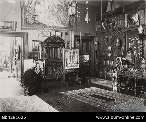 French painter and sculptor Jean-Léon Gérôme in his Paris studio located 6 rue de Bruxelles in the 9th arrondissement of Paris, France.. c.1885. Albumen print. Jean-Léon Gérôme (1824-1904).