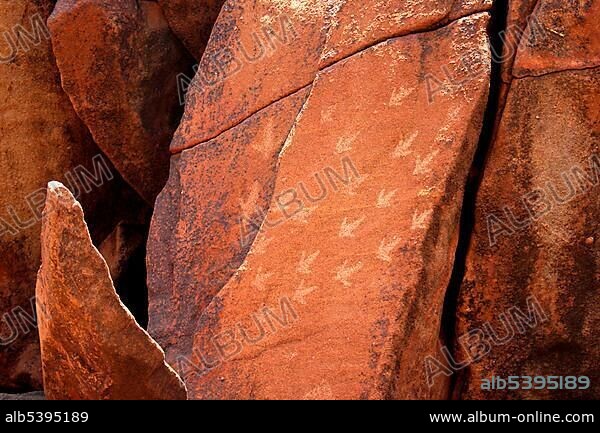Australian aboriginal rock etching, 30, 000 yrs old, representing emu tracks, Deep Gorge, Murujuga or Burrup Peninsula, Dampier, Western Australia, Australia, Oceania.