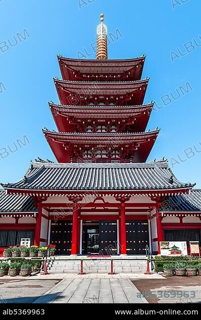 Sensoji five-story pagoda, Buddhist temple complex, Senso-ji Temple, Asakusa, Tokyo, Japan, Asia.