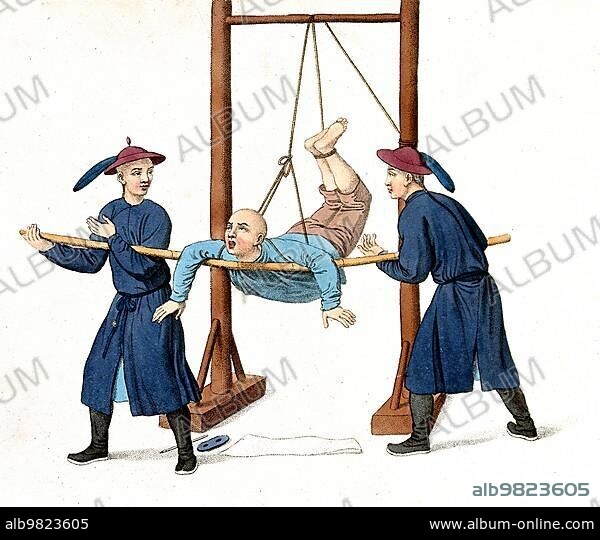 Torture; Punishment; Punishment; A Chinese man hangs from a rope attached to a wooden structure and leans on a bamboo stick held by two Chinese men in blue clothing; c. 1810; China; Historical; digitally restored reproduction from a 19th century original; Asia.