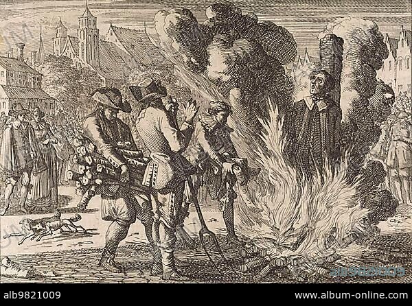 Urbain Grandier in Loudun being burnt alive for witchcraft; 1634; Urbain Grandier (1590) (18 August 1634) was a French Catholic priest who was convicted of witchcraft and burnt at the stake in the affair concerning the so-called Devils of Loudun; Historical; digitally restored reproduction from an 18th or 19th century original.