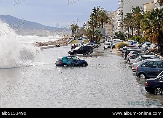 Waves, storm flood, flooding, cars, parking lot, Altea, Alicante province, Costa Blanca, Spain, Europe.