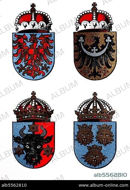 Wappen der österreichisch-ungarischen Kronländer: Mähren, Schlesien, Bukowina, Dalmatien, 1890, digital restaurierte Reproduktion einer Originalvorlage aus dem 19. Jahrhundert.