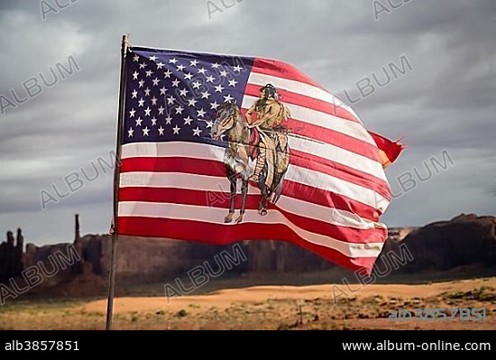 USA Flag with Navajo emblem, Navajo Nation, Monument Valley, Arizona, USA, North America.