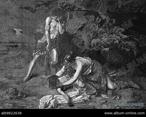 Cain's fratricide; First Book of Genesis; Chapter 4; Verses 3-16; Cain and Abel; Sin; God; Land of Nod; Old Testament; Bible; Darkness; Field; Historical Illustration 1890.