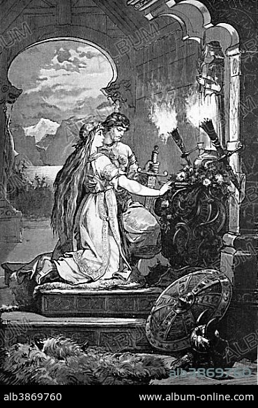 Frithjof and Ingeborg in Baldur's Temple, Frithjof's Saga, a Norse heroic saga in the style of a Fornaldarsaga or legendary saga, historical wood engraving, 1886.