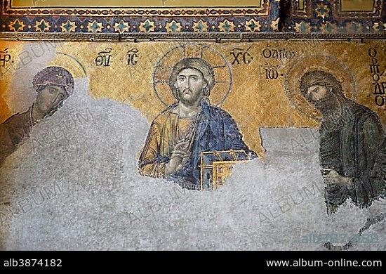 Deesis mosaic, Jesus Christ between the Virgin Mary and John the Baptist, Hagia Sophia, Ayasofya, UNESCO World Cultural Heritage Site, Istanbul, European side, Istanbul Province, Turkey, European side, Europe.