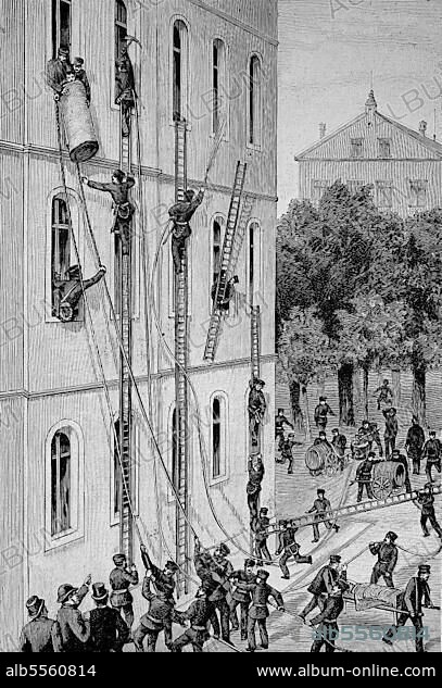 Übung zur Rettung der Brandkranken in einem Berliner Krankenhaus, Feuerwehr, Deutschland, Feuerwehrübung, Historisch, digitale Reproduktion einer Originalvorlage aus dem 19. Jahrhundert.