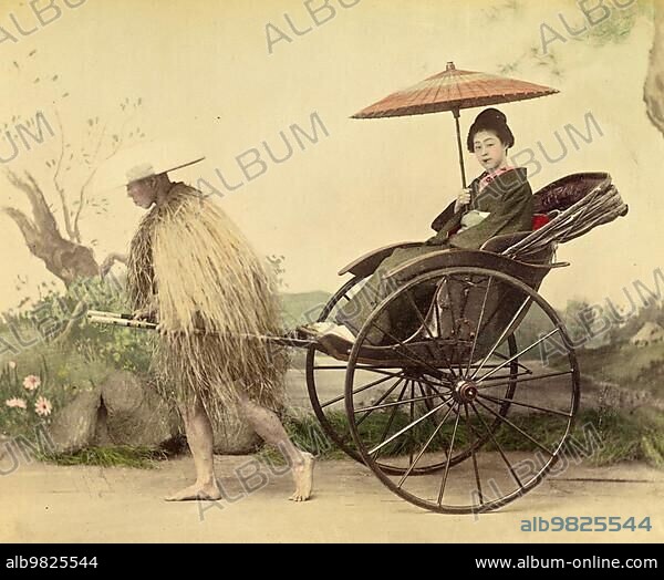 A distinguished woman with a parasol being pulled in a jinrikisha by a man wearing a straw mackintosh; Rischka; c. 1870; Japan; Historic; digitally restored reproduction from an original of the period; Asia.
